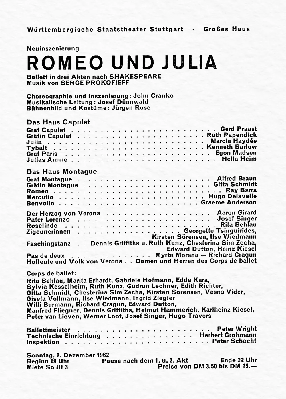 Originaler Besetzungszettel der Romeo und Julia-Uraufführung vom 2. Dezember 1962 mit Marcia Haydée und Ray Barra